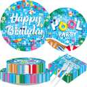 200Pcs Pool Party Supplies Happy Birthday Plates and Napkins Swimming Pool Themed Tableware Set for Summer Beach Themed Hawaii Birthday Baby Shower Party Supplies, Serves 50 "