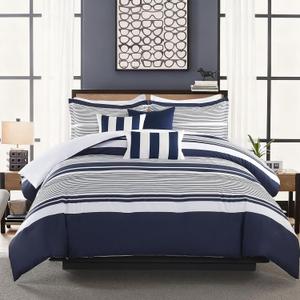 Finlonte King Size Comforter Set 6 Pieces, Navy Blue White Striped Bed Set, 100% Cotton Luxury Fluffy Cozy Comforter with 2 Pillow Shams and 3 Decor Pillow Cover, Modern Quilted Bedding All Season