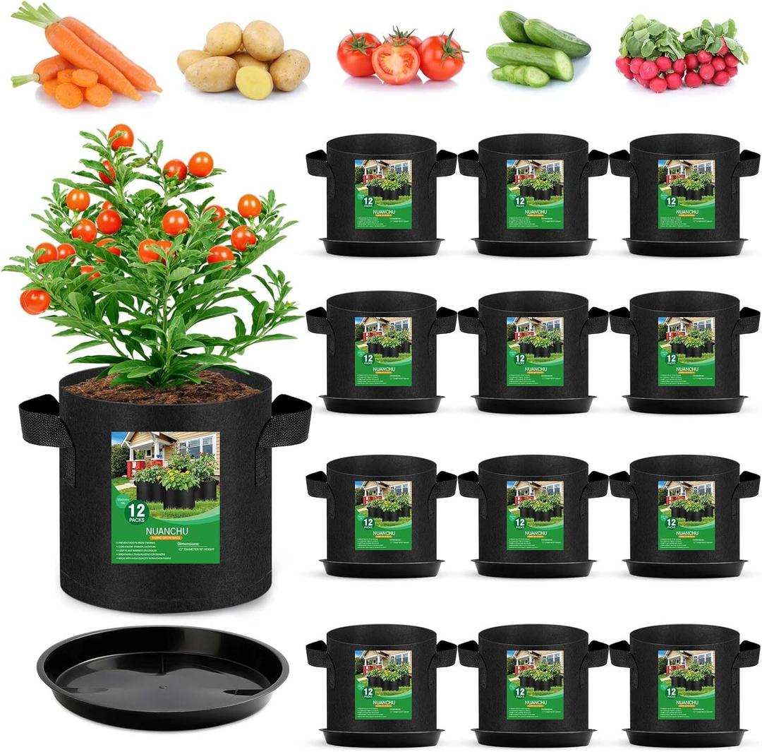 12 Sets 5 Gallon Grow Bags with Plant Saucers, Durable Fabric Plant Pots with Handles, Aeration Drainage Planter Bags for Planter, Reusable Garden Bags Drip Trays Set for Indoor Outdoor