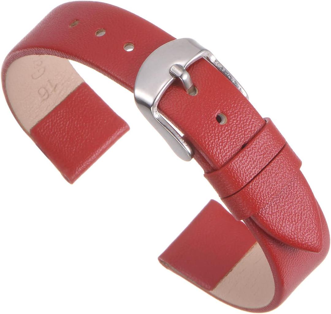 uxcell Multi-sizes Genuine Leather Band, Flat Thin Elegant Leather Watch Strap for Men and Women (16mm, Red/Silver Tone)
