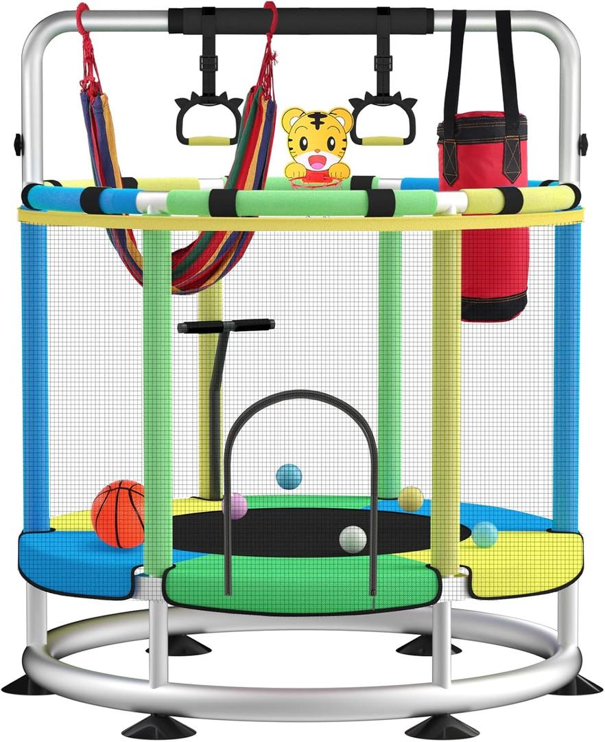 Trampoline for Kids, Adjustable Baby Toddler Trampoline with Basketball Hoop, Round Bottom Indoor Outdoor Toddler with Enclosure