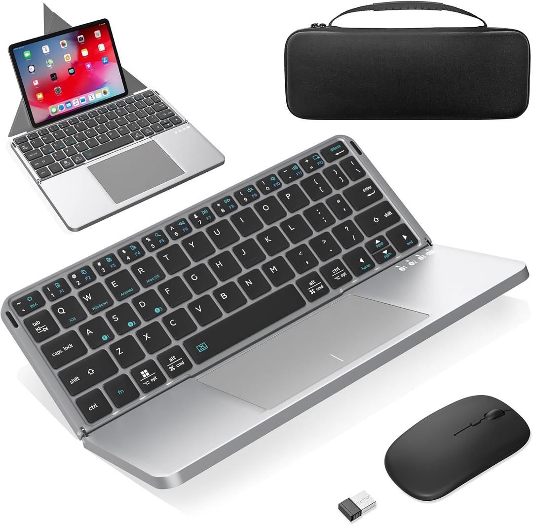 Foldable Keyboard and Mouse, MEKO Folding Wireless Bluetooth Keyboard and Mouse Combo Portable Travel Keyboard with Touchpad and Holster Stand for Business Travel Compatible Mac Laptop iPad Tablet