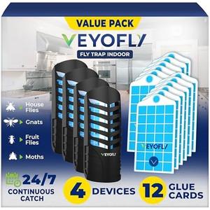 VEYOFLY Fruit Fly Traps for Indoors (4 Device + 12 Refills), Gnat Trap Indoor Plug in, Bug Traps, Flying Insect Trap, Gnat Traps for House Indoor, Fly Trap Indoor for Home Bug Light, Gnats Catcher