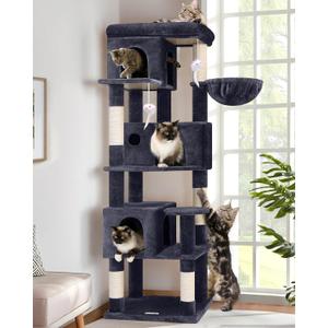 Globlazer Corner Cat Tree 66 inch Multi-Level Climbing Tower Kitty Condos Cat Scratching Tower for Indoor Multiple Cats with Large Platform, 3 Cat Caves, F66, Dark Grey