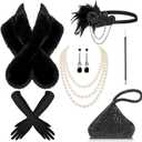 Estune 7 Pcs 1920s Flapper Accessories for Women Headpiece Fur Shawl Clutch Earrings Necklace Gloves Holder Roaring Costume