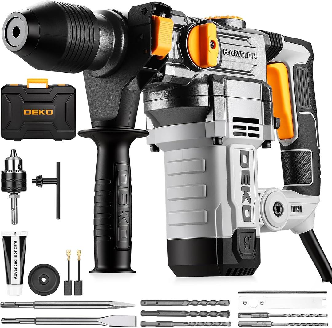 1-1/4 Inch SDS-Plus Rotary Hammer Drill, 12.5Amp Electric Heavy Duty Hammer Drill Corded with 4 Functions, Demolition Hammer for Concrete with Drill Bits and Chisels, Safety Clutch & Vibration Control