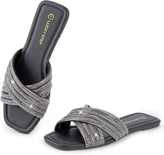 LUCKY STEP Women's Rhinestone Flat Sandals Open Toe Summer Glitter Bling Sparkle Dressy Slip on Outdoor Crossed Strap Slide, size 11