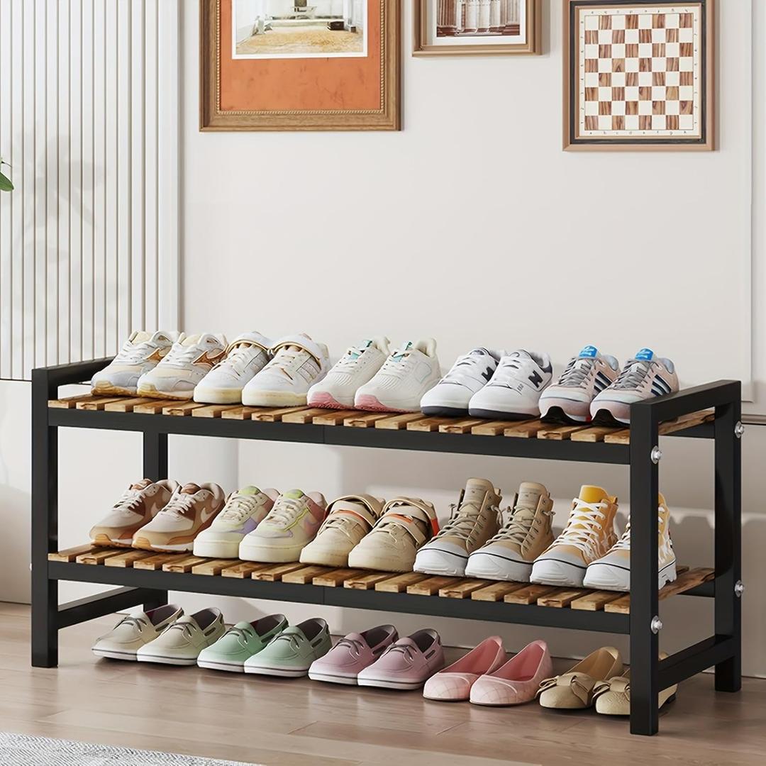 Shoe Rack Organizer for Small Spaces 2Tier Long Narrow Shoe Stand, Closet Shoe Rack, Small Shoe Shelf for Closet Entryway Corner Garage and Bedroom Front Door - Shoe Storage Combining Wood and Metal (Black)