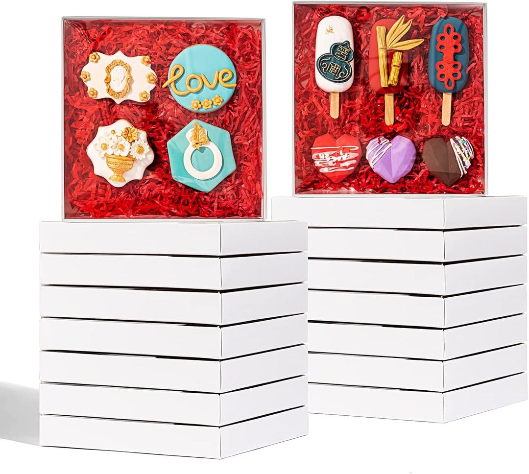 RomanticBaking 50Pack 8x8x1 Inch Clear Cookies Boxes for Gift Giving Chocolate Covered Pretzel Rods Boxes Heart Cocoa Bombs Boxes Macaron Boxes (White)