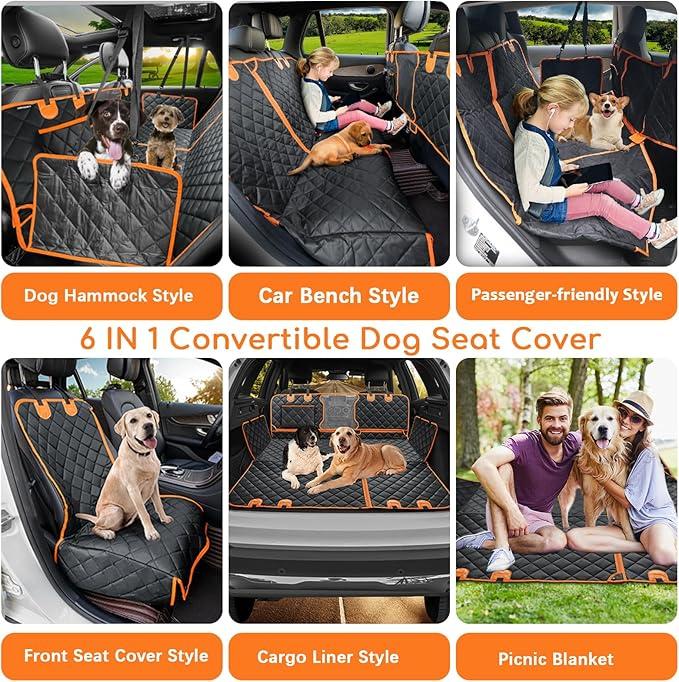 URPOWER 6-in-1 Dog Car Seat Cover for Back Seat, Waterproof Dog Car Hammock with Mesh Window, Non-Slip Pet Backseat Protector for Cars, Trucks and SUVs (Black with Orange)