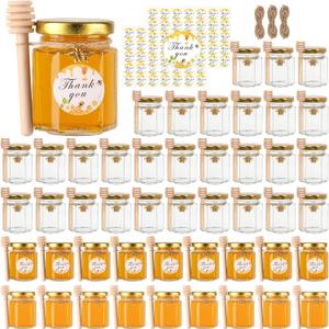 BIGIVACA 3 oz Hexagon Mini Glass Honey Jars with Wood Dippers,48 Pack Small Honey Jars with Gold Lids,Bee Pendants,Jutes,Bee Stickers,Perfect for Baby Shower,Wedding Favors,Party Favors