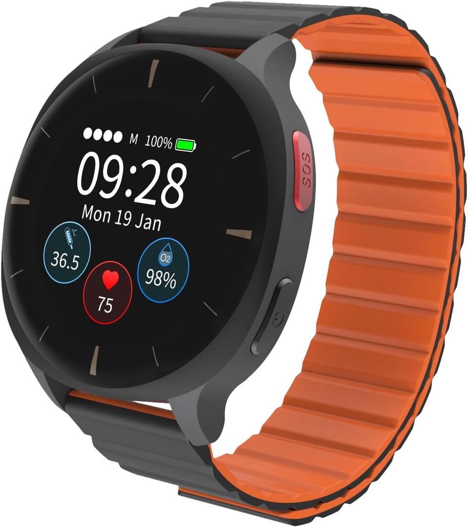 Audar E2 Senior Smartwatch with Fall Detection & SOS, 24/7 Heart Rate, Blood Pressure, SpO & Temperature Monitoring, IoT AI Wellbeing Reports/Health History, Cloud Dashboard, No Cell Phone/App Needed (Charcoal & Black)