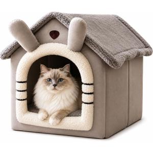 Dog & Cat House Bed, House-Shaped Plush Indoor Pet Bed, Grey