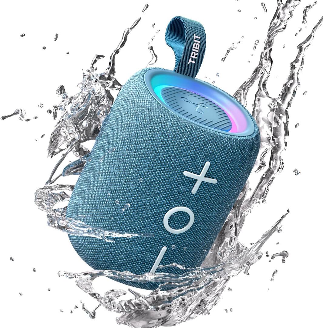 Tribit Portable Bluetooth Speaker StormBox Mini+, 12W Shower Speaker with 360Surround Sound, 12H Playtime, Custom EQ, BT5.4, IPX7 Waterproof, RGB Lights, Type-C, AAC/SBC, TWS, Party/Beach/Gift (Blue)