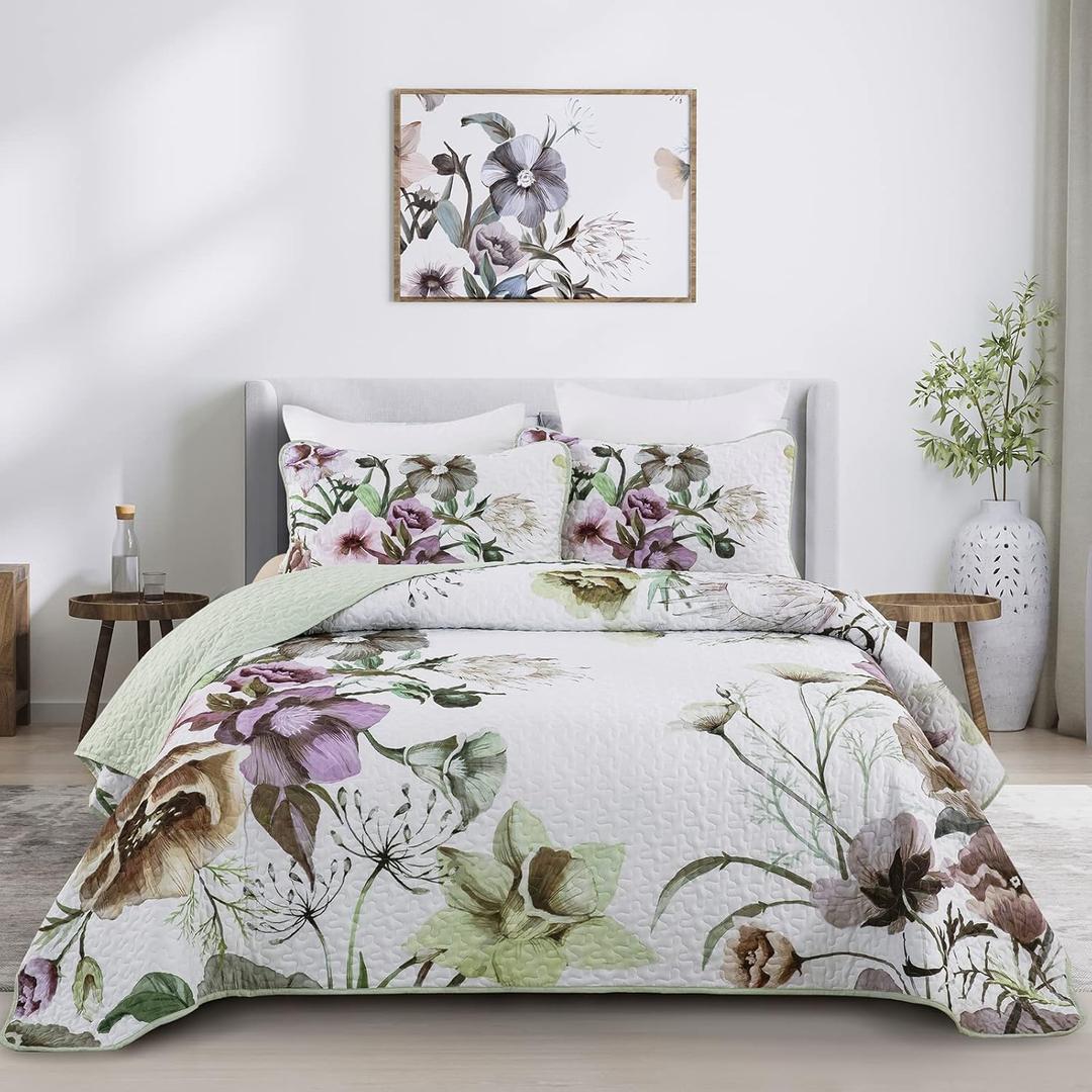 Floral Quilt Set Full 3 Pieces Boho Green Floral Quilt Coverlet Set Soft Microfiber Lightweight Green Quilted Bedspread for All Season 80"x90"