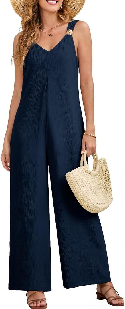 Acelitt Womens Sleeveless Wide Leg Jumpsuits with Pockets, Large