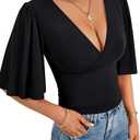 LYANER Women's V Neck Wrap Dressy Tops for Women Elegant Ruffle Short Sleeve Business Casual Blouse M