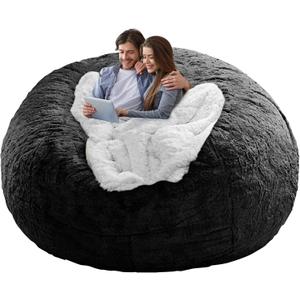 (No Filler Bean Bag Chair Cover Without Filler,Big Round Soft Fluffy PV Velvet Washable Bean Bag Lazy Sofa Bed Cover for Adults,Living Room Bedroom Furniture Outside,5ft Black