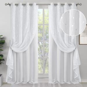 BGment White Blackout Curtains with Sheer Overlay, Double Layer Nursery Drapes Grommet Silver Printed Thermal Insulated Panels for Bedroom/Living/Kide Room, 2 Panels Each 52 x 84 Inch, Greyish White