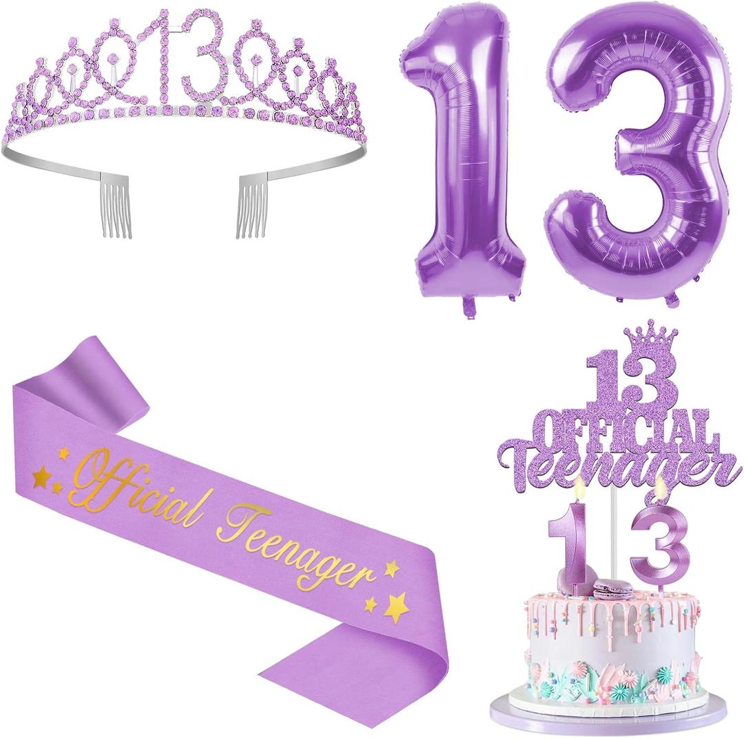 13th Birthday Decorations for Girls Purple with 13th Birthday Sash and Crown, Cake Topper and Candles, Number Balloons, 13 Year Old Gifts for Girls