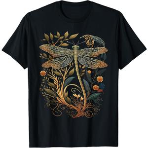 Cottagecore Floral Aesthetic Dragonfly Women Girls T-Shirt (Small, Black)