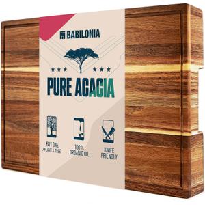 Acacia Wood Cutting Board for Meat, Cheese, Charcuterie Board (ExtraThick 1.6"). Premium Quality Butcher Block. Heavy Duty Edge Grain Large Chopping Board with Handle (Oil bottle & Plate included)
