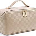 ALEXTINA Travel Makeup Bag, Large Capacity Cosmetic Bag for Women, Open Flat Make up Bag, Waterproof PU Leather Checkered Makeup Organizer Bag with Collapsible Handle,Toiletry Bag for Cosmetics, White