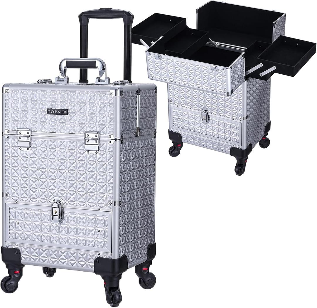Rolling Makeup Case,Professional Cosmetology Case on Wheels,Large Cosmetic Organizer Train Case,Makeup Travel Case with Draws & Swivel wheels Nail Tech Salon Storage Traveling Cart Trunk,Silver