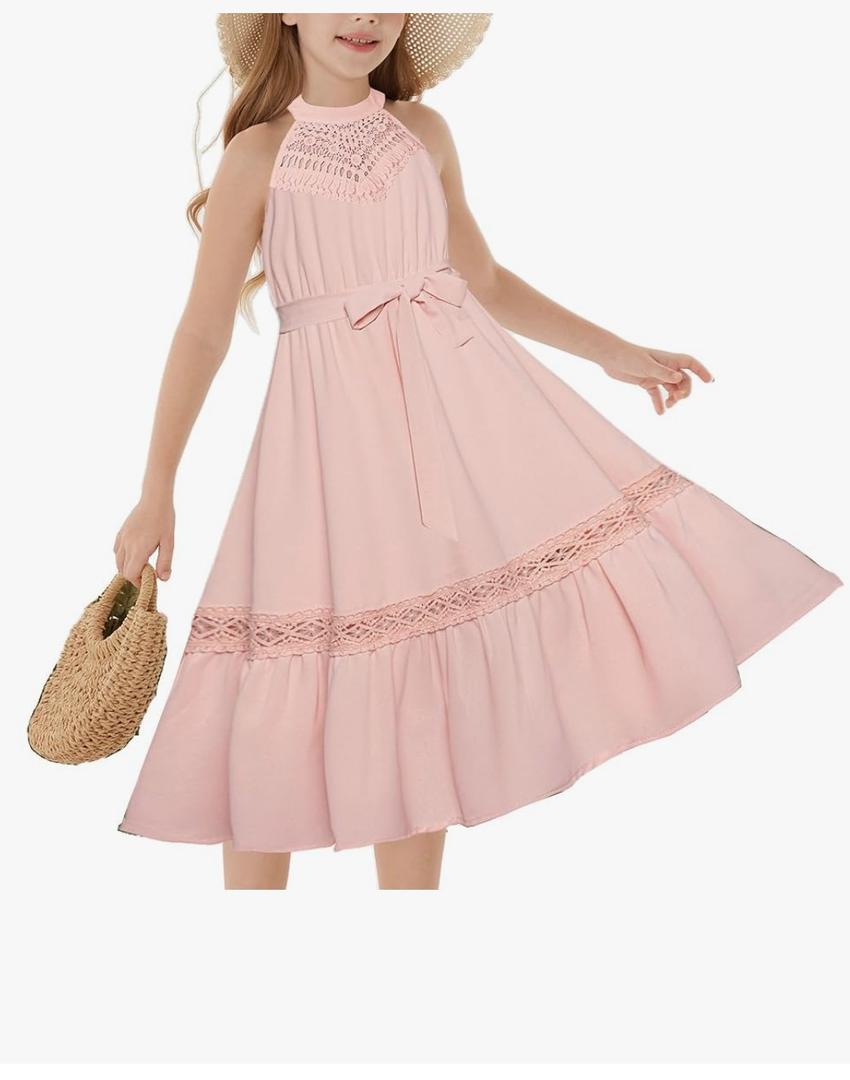 GRACE KARIN Girls Dresses Summer Spring Halter Maxi Dress Kids Ruffle Casual Flower Pleated Sun Dress, Size 14