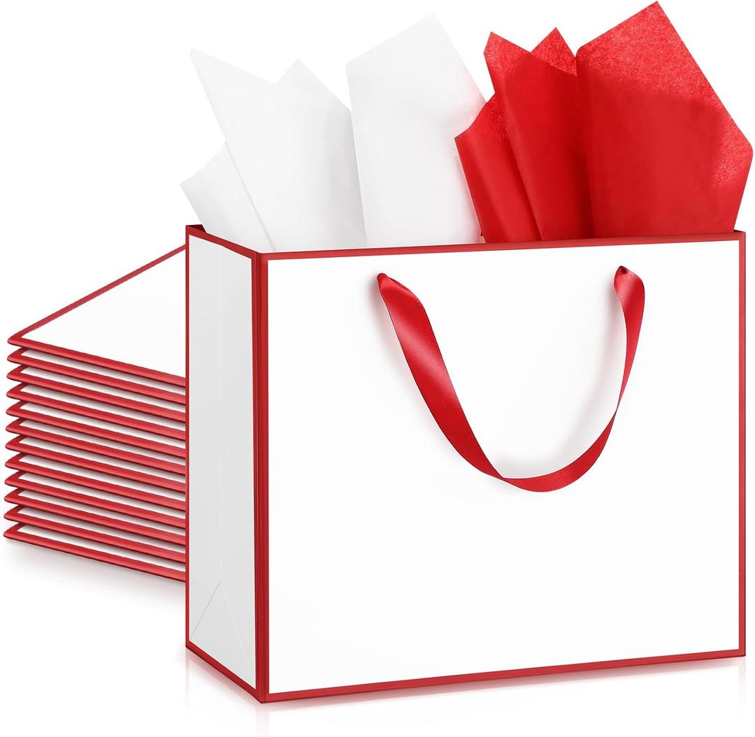 ReliThick 12 Pack 12 Pack Metallic Paper Gift Bag with Handles and Tissue Paper 11.8 x 10 x 4'' Thank You Favor Bag for Wedding Bridesmaid Groomsmen 5 Senses Birthday Gifts (White,Red)