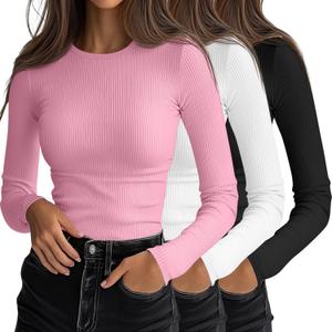 Ficerd 3 Pack Women's Ribbed Long Sleeve Tops, Crew Neck Slim Fit Undershirts Knit Basic Casual Stretch Layering Tee Shirts (Black, White, Pink)