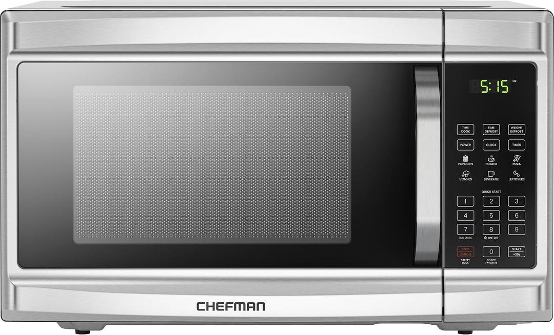 Chefman Countertop Microwave Oven, 1.3 Cu. Ft. Digital, Stainless Steel, 1000 Watts, with 6 Auto Menus, 10 Power Levels, Eco Mode, Memory, Mute Function, Child Safety Lock, Easy Clean Microwave Ovens