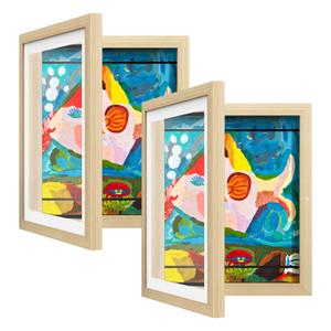 2 Pack Kids Art Frame, Kids Artwork Frames Changeable 8 x10.5 with Mat and 9 x12 Without Mat, Woodgrain Front Opening Children Picture Storage Frame for Wall Holds 50Pcs Crafts, Drawing, Art Projects