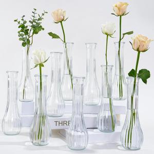 VIVIRENOIR Glass Tall Bud Vases for Centerpieces, Ribbed Flower Vase in Bulk Set of 4, Modern 8" Slim Floral VaseS for Wedding Party Dining Table Decor