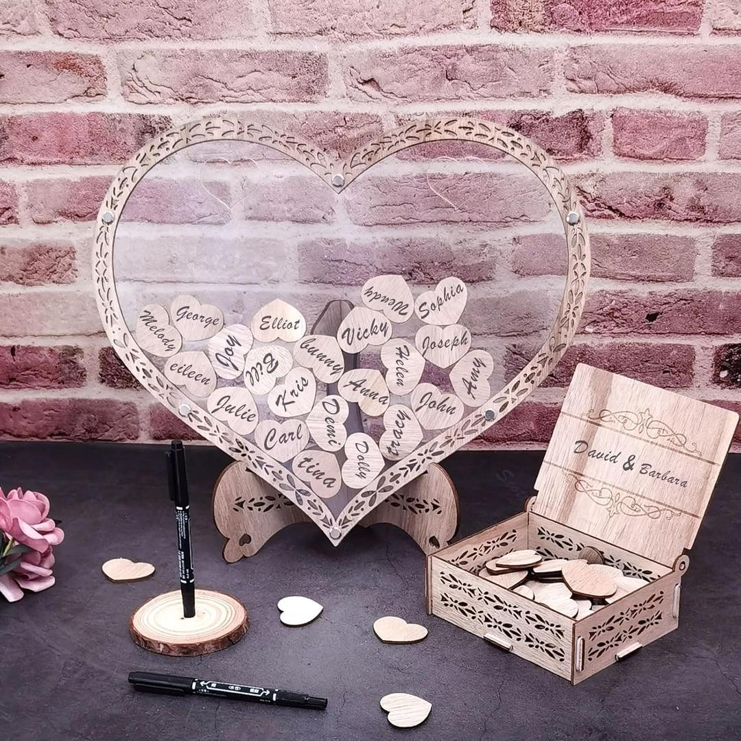 Heart Wedding Guest Book Alternative, Rustic Wooden Heart Drop Box Guestbook with Pen Holder, Wedding Sign Decor Frame for Reception Ceremony Birthday Party
