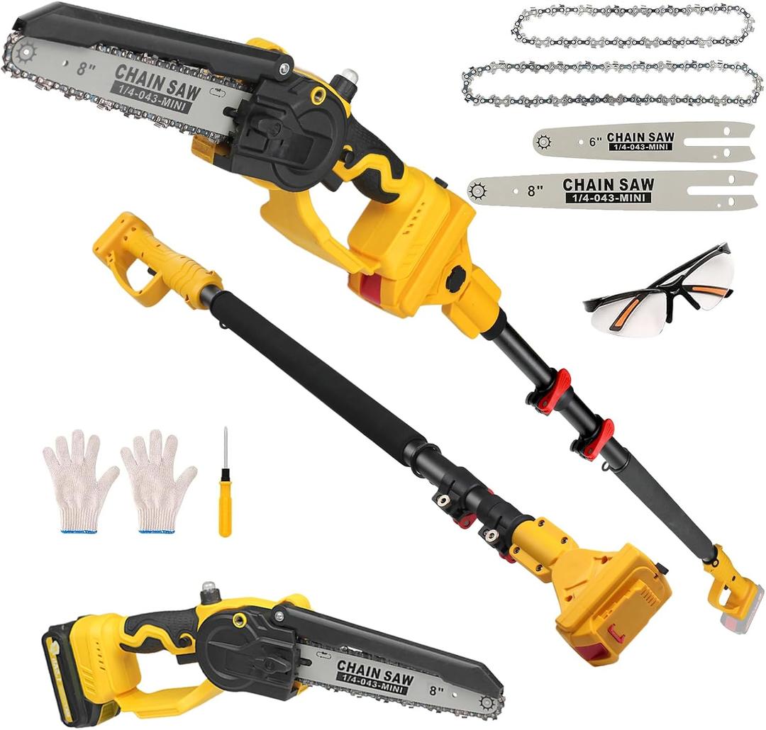 Cordless Pole Saw 3 in 1 6&8Inch Mini Chainsaw Compatible with DeWALT 20V Max Battery, 15ft Max Reach, Brushless Motor Telescoping Electric Pole Saw Combo for Tree Trimming Pruning(No Battery)