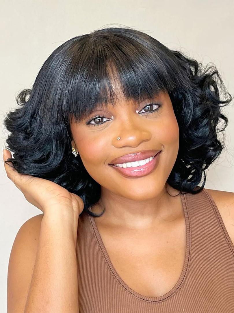 Fancy Hair Short Wavy Bob Wig With Bangs Big Curly Synthetic Wave Bob Wig for Black Women Girls Daily Cosplay (12)