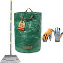 3-Piece Leaf Rake Kit  Adjustable Heavy-Duty Yard Rake with 25 Tines (3673"), 32-Gal Tear-Resistant Bag & Leather Gloves  Fall Cleanup Set for Lawn, Shrubs & Gardens