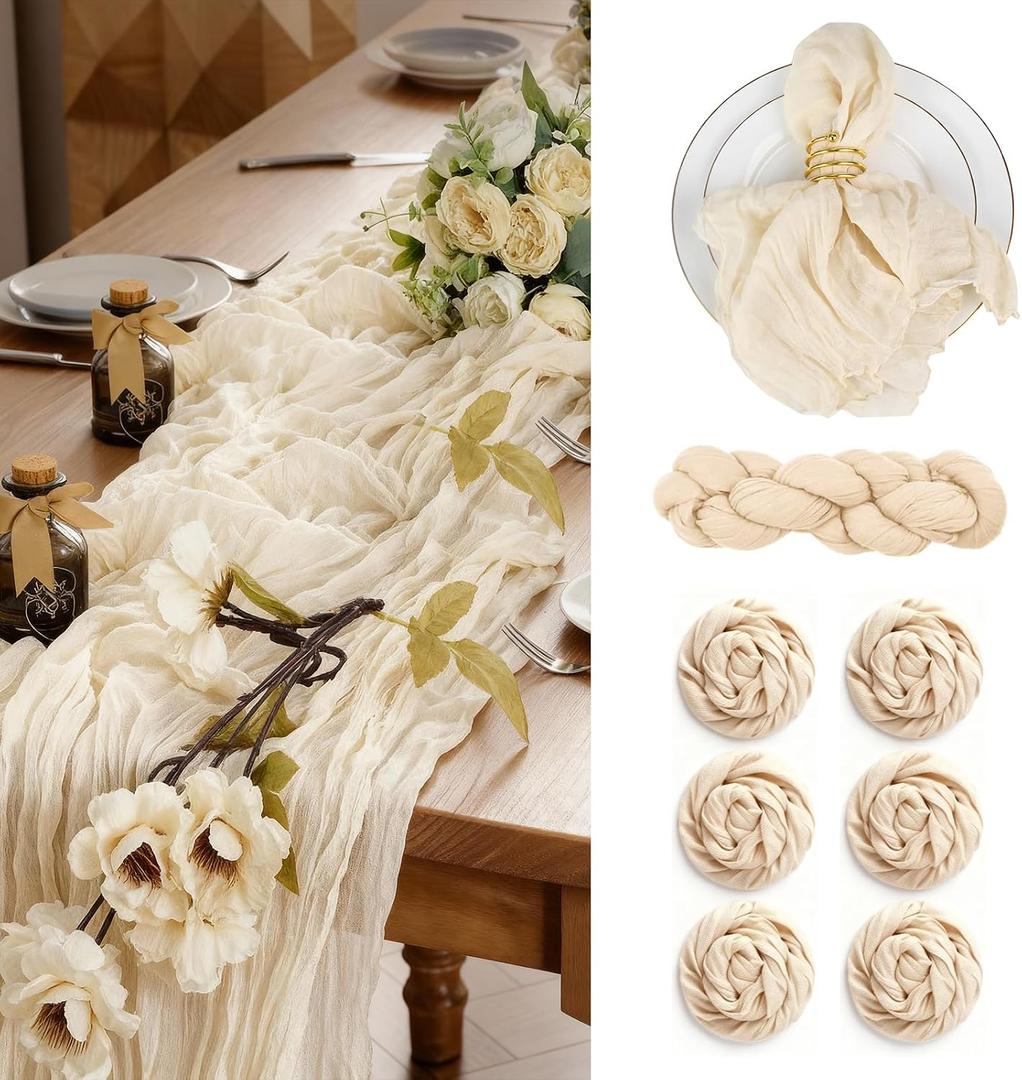 AZY Cheesecloth Table Runner Set with 6 Napkins 120 Inch Gauze Table Runner and Cloth Napkins Set for Dining Table, Wedding, Baby Shower, Birthday Party, Home and Farmhouse Table Decor (Beige)