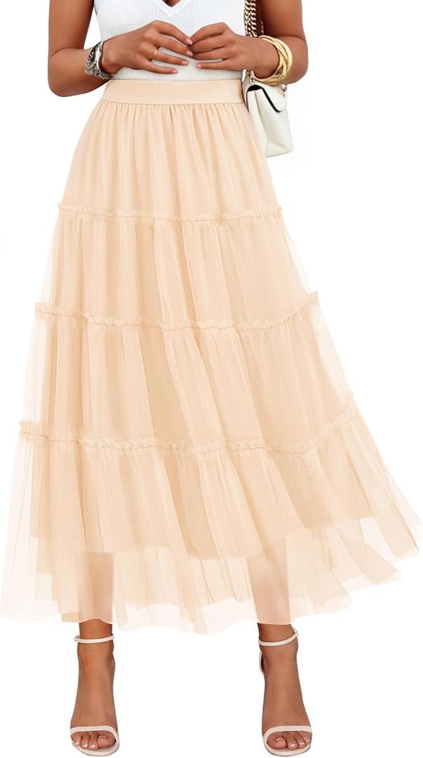 ZESICA Women's Tulle Maxi Skirt A-Line Flowy Ruffle Tiered Elastic High Waist 2026 Fall Trendy Midi Long Skirts, S