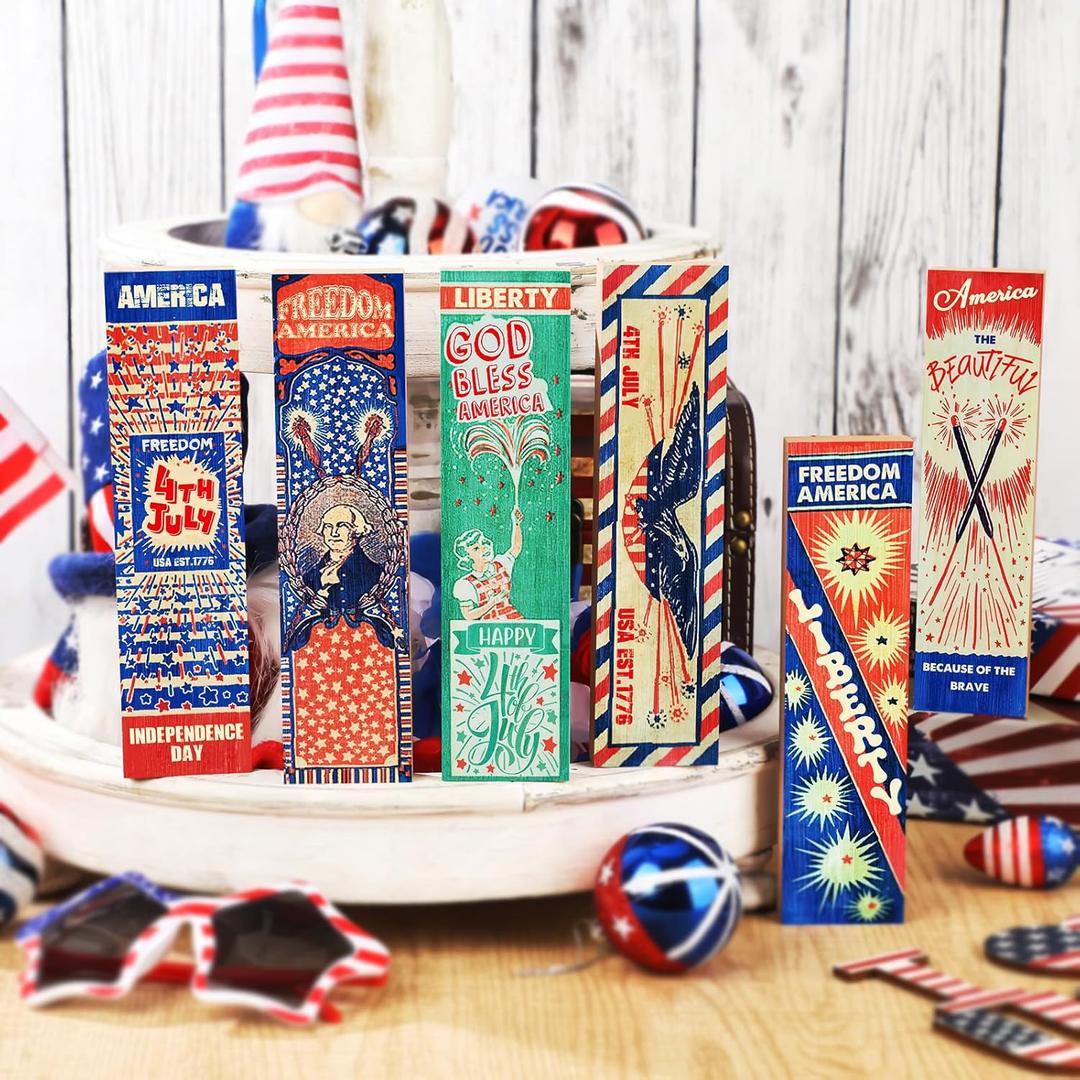 Juexica 6 Pcs 4th of July Decorations Patriotic Firework Tiered Tray Decor Memorial Day Wooden Firework Table Sign Rustic Firework Blocks Independence Day Table Centerpieces for Home Party Supplies