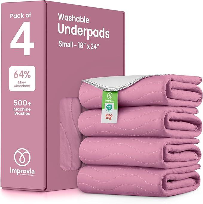 Washable Underpads, Heavy Absorbency Reusable Incontinence Pads for Kids, Adults, Elderly, and Pets, Waterproof Protection Floor (Pink and White, 18" x 24" - Pack of 4)