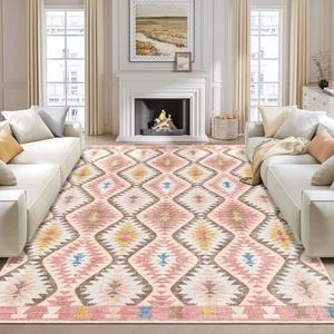 YesRug 8x10 Rug for Living Room, Washable Pink Rugs Boho Moroccan Trellis Area Rug with Vibrant Hues for Bedroom, Farmhouse, Dining Room, Kids Playroom Low-Profile Throw Non-Slip Backing Large Carpet