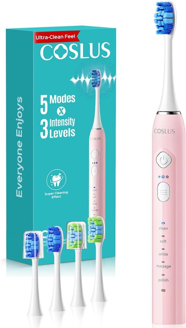 COSLUS C30 Electric Toothbrush for Adults & Kids: 3 Intensities & 5 Modes for Effective Yet Gentle Ultra-Clean Feel, 2 Types of Heads for Gentle or Daily Care, Travel & Home Use, Pink, 1PC