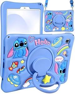 JoySolar for Samsung Galaxy Tab A7 Lite Case - Soft Silicone Cute Cartoon Tablet Case with Rotating Stand & Shoulder Strap, Shockproof Tablet case for Kids Boys Girls, Blue
