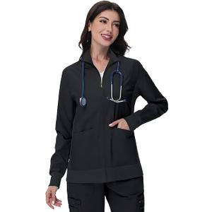 MIVEI Scrub Jackets for Woman - 4 Pockets with 2 zips Lightweight Ultra Soft 4-Way Stretch Zip Front Nurse Jacket Black Large