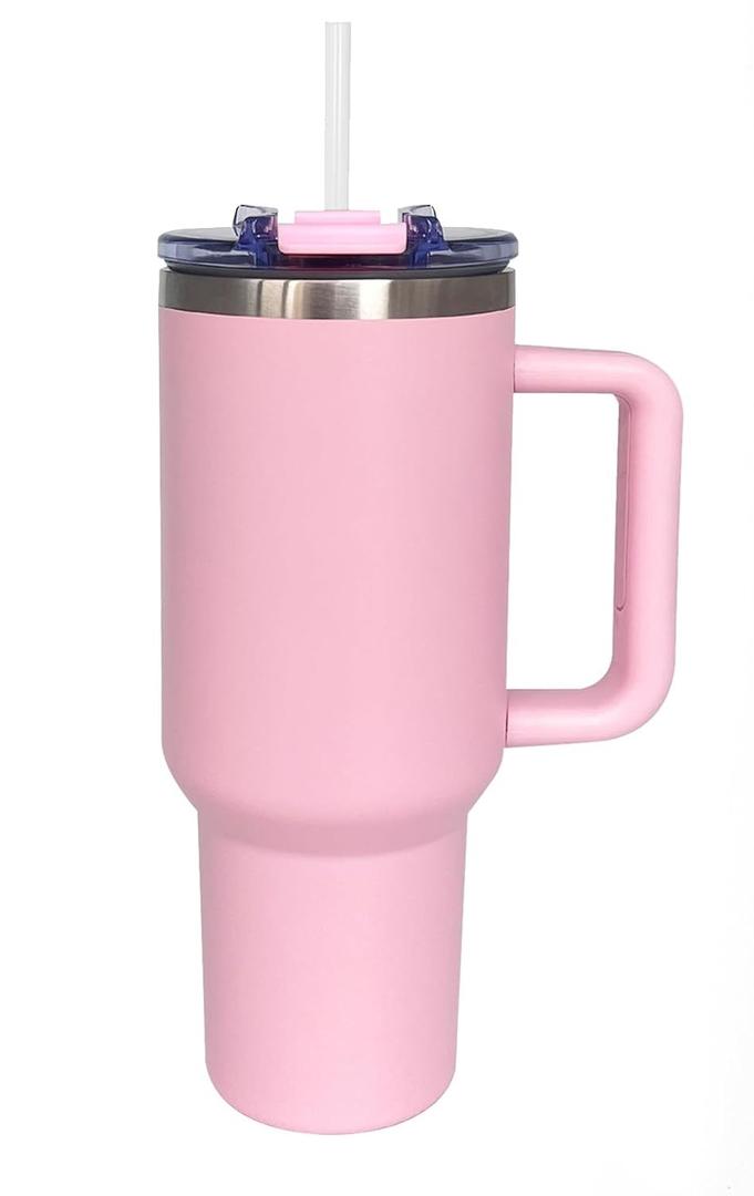 Tumbler with Handle and Straw Lid,Insulated Reusable Stainless Steel Water Bottle Travel Mug, Cupholder Friendly Double Wall Vacuum Sealed Cup