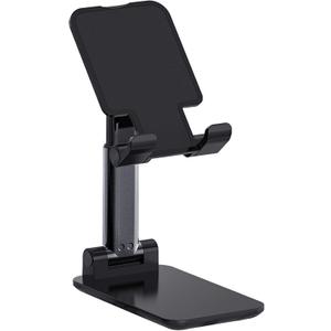 Adjustable Cell Phone Stands for Desk, Aluminum Folding Phone Holder with Stable Base and Charging Port for 4-12.9 Inches Smart Phone, Tablet (Black)