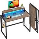 Small Folding Desk 31.5 Inch, Foldable Computer Desks with LED Lights and Monitor Stand, Work Portable Table for Bedroom Home Office, Brown