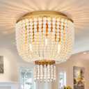 3-Light 12" Boho Wood Beaded Flush Mount Ceiling Light for Bedroom, Adjustable Shape Beaded Chandelier, Boho Chandelier Coastal Flush Mount Ceiling Light for Entryway Hallway Kitchen